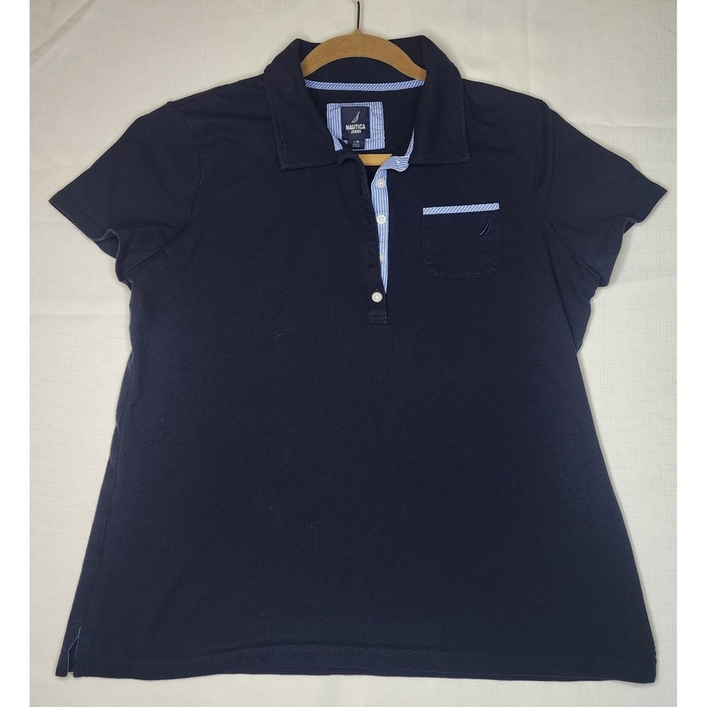 Nautica Polo Style Women Shirt Size Large Navy Blue Short Sleeve Collared Preppy